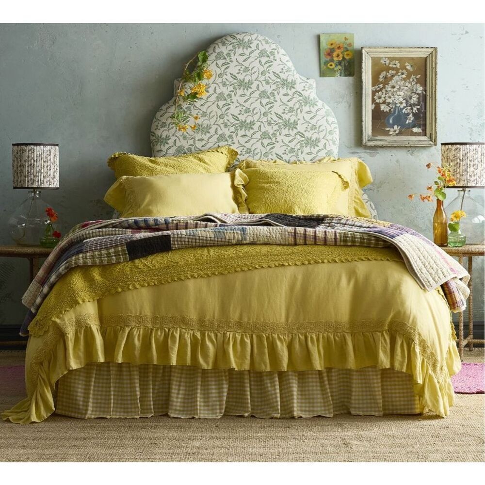 Pottery Barn Green Row Linen Ruffle Crochet Duvet Cover & Sham Twin Marigold